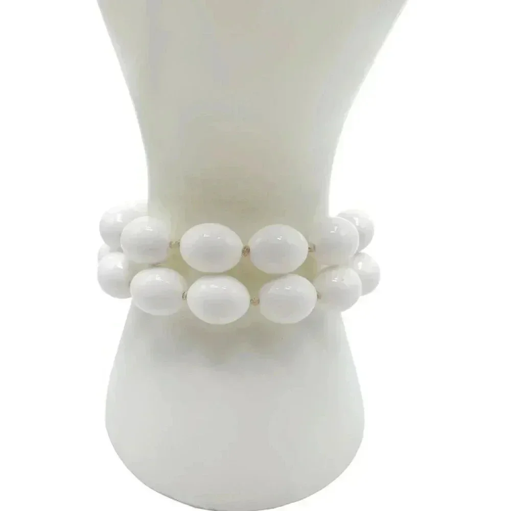 Trifari Double Stranded White Lucite Bead Bracelet Gold Tone Closure Vintage